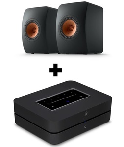 זוג רמקולים מדפיים מבית Kef דגם 50 META + מגבר סטריאו משולב נגן רשת מבית Bluesound דגם Powernode