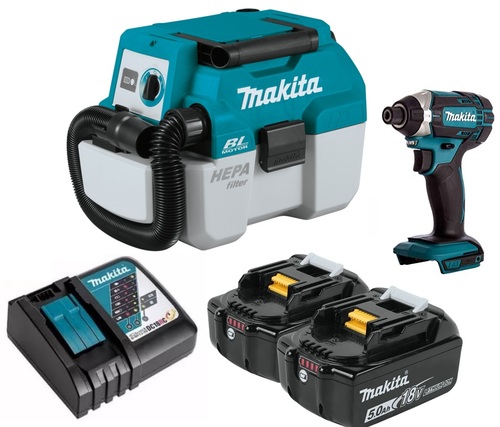 סט מברגת אימפקט דגם MAKITA DTD152Z +  שואב יבש/רטוב DVC750LZ MAKITA + שתי סוללות 5AH ומטען מהיר מבית Makita מקיטה