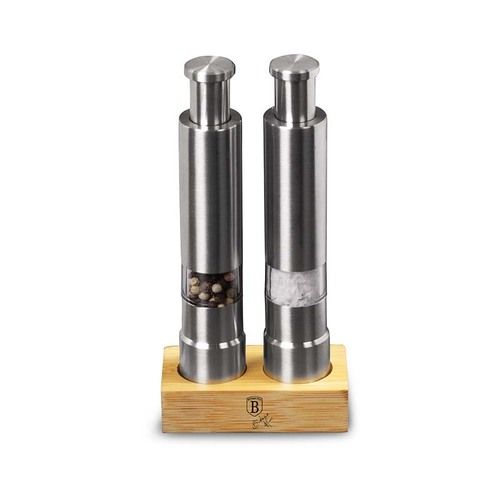 סט זוגי מלח ופלפל נירוסטה +מעמד עץ יוקרתי BERLINGERHAUS BH-7783