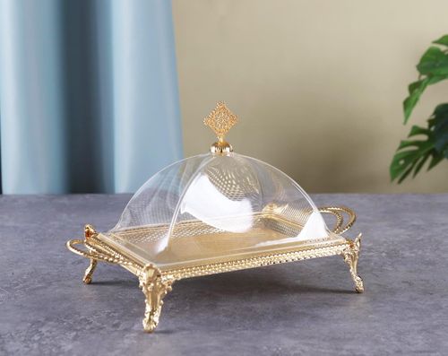 מגש מתכת מלבני 4 רגליות + מכסה אקריל זהב 38*22 -Y.C.027237