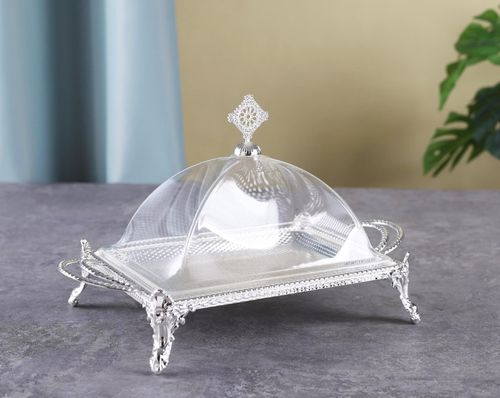 מגש מתכת מלבני 4 רגליות + מכסה אקריל כסף 38*22 -Y.C.027244