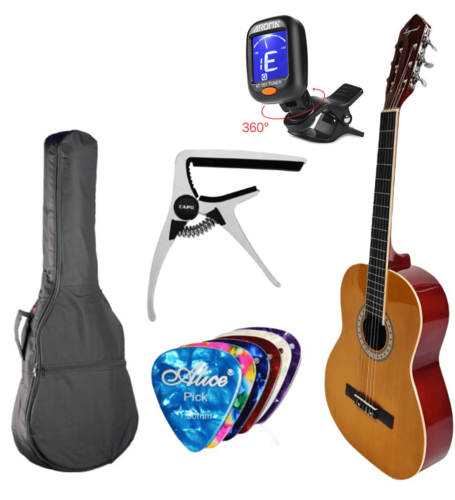 *חבילת גיטרה קלאסית*- גיטרה קלאסית בצבע טבעי + תיק + קאפו + טיונר + 6 מפרטים
