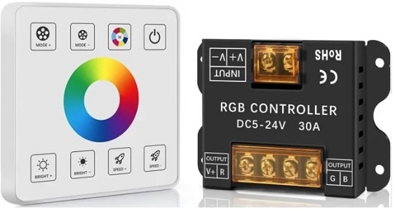 בקר RGB לתאורת לד עם שלט RF מעוצב להתקנה על קיר