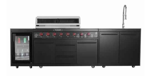 מטבח חוץ 6 מבערים כולל כיור ברז ומקרר משטח עליון שיש גרניט בגימור שחור GRILLS PREMIUM