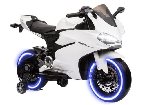 אופנוע ממונע 12V דמוי דוקאטי, נסיעה קדימה ואחורה ואורות בגלגלים - לבן