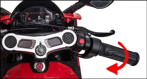 אופנוע ממונע 12V דמוי דוקאטי, נסיעה קדימה ואחורה ואורות בגלגלים - לבן