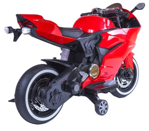 אופנוע ממונע 12V דמוי דוקאטי, נסיעה קדימה ואחורה ואורות בגלגלים - אדום