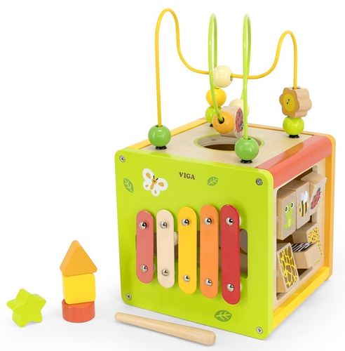 קוביית פעילות מעץ 5 ב 1 עם מבוך חרוזים, קסילופון, התאם צורה ומגוון פעילויות