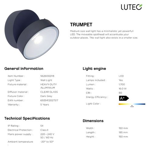 צילינדר מתכוונן 16W טרמפט TRUMPET LUTEC 3K IP54 ניסקו
