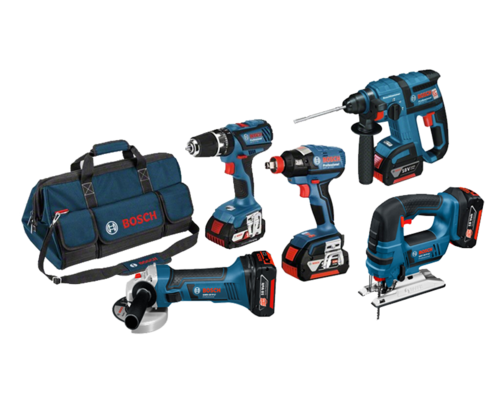 סט נטען 18V אימפקט + פטישון + משחזת + מברגת אימפקט + ג'יקסו + 3 סוללות BOSCH Professional 18V - Li 5Ah בוש