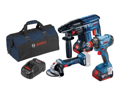 סט נטען מקצועי 18V אימפקט רטיטה + פטישון + משחזת + 2 סוללות 5Ah
