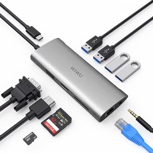 כבל מתאם WIWU Alpha 11in1 USB*4+HDMI+SD+TF+RJ45+VGA+3.5mm+Type C