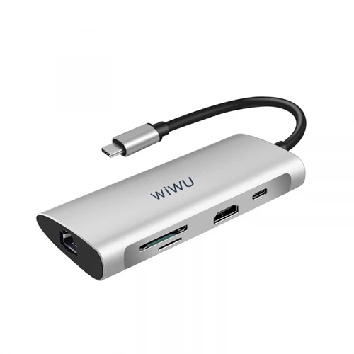תחנת עגינה 8 ב-1 למחשב נייד בחיבור USB-C דגם  - עם 3 יציאות USB 3.0, קורא כרטיסי SD, קורא כרטיסי Micro SD (TF), HDMI, RJ45 לחיבור רשת, ו-Type-C . דגם WIWU Alpha 831HRT