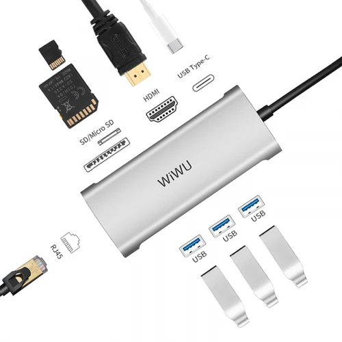 תחנת עגינה 8 ב-1 למחשב נייד בחיבור USB-C דגם  - עם 3 יציאות USB 3.0, קורא כרטיסי SD, קורא כרטיסי Micro SD (TF), HDMI, RJ45 לחיבור רשת, ו-Type-C . דגם WIWU Alpha 831HRT