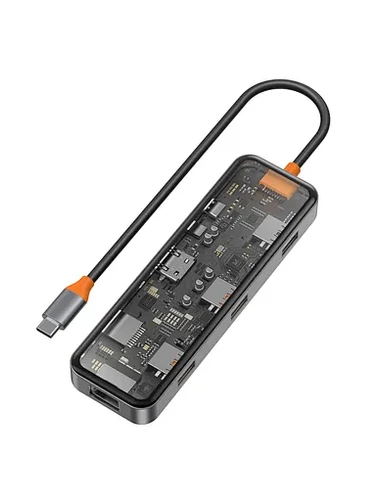 תחנת עגינה שקופה 8 ב-1 למחשב נייד USB-C WIWU Cyber Hub - עם חיבורי USB 3.0, USB 2.0, קורא כרטיסי SD, קורא כרטיסי זיכרון Micro SD, HDMI 4K, PD, חיבור רשת Ethernet 100W