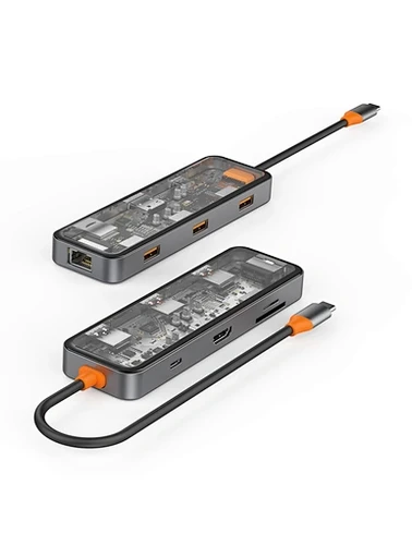 תחנת עגינה שקופה 8 ב-1 למחשב נייד USB-C WIWU Cyber Hub - עם חיבורי USB 3.0, USB 2.0, קורא כרטיסי SD, קורא כרטיסי זיכרון Micro SD, HDMI 4K, PD, חיבור רשת Ethernet 100W