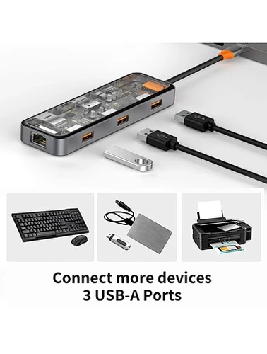 תחנת עגינה שקופה 8 ב-1 למחשב נייד USB-C WIWU Cyber Hub - עם חיבורי USB 3.0, USB 2.0, קורא כרטיסי SD, קורא כרטיסי זיכרון Micro SD, HDMI 4K, PD, חיבור רשת Ethernet 100W