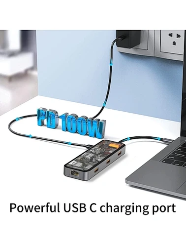 תחנת עגינה שקופה 8 ב-1 למחשב נייד USB-C WIWU Cyber Hub - עם חיבורי USB 3.0, USB 2.0, קורא כרטיסי SD, קורא כרטיסי זיכרון Micro SD, HDMI 4K, PD, חיבור רשת Ethernet 100W