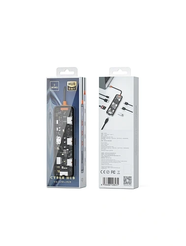 תחנת עגינה שקופה 8 ב-1 למחשב נייד USB-C WIWU Cyber Hub - עם חיבורי USB 3.0, USB 2.0, קורא כרטיסי SD, קורא כרטיסי זיכרון Micro SD, HDMI 4K, PD, חיבור רשת Ethernet 100W