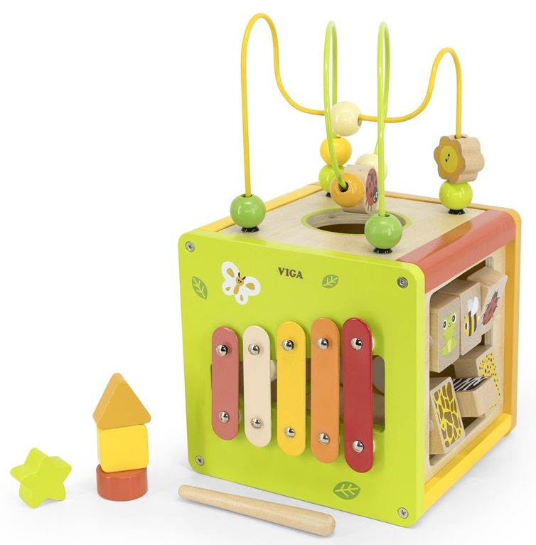 קוביית פעילות מעץ 5 ב 1 עם מבוך חרוזים, קסילופון, התאם צורה ומגוון פעילויות ויגה