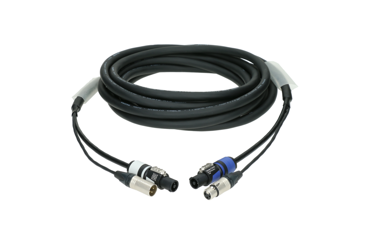 כבל היברידי מוכן באורך 10 מטר הכולל כבל DMX 3PIN + חשמל POWERCON כחול אפור מבית KLOTZ H1A33NA010