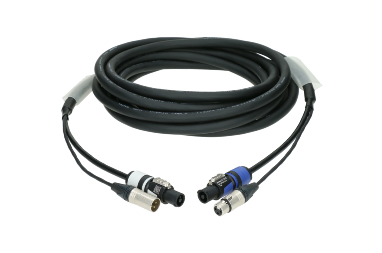 כבל היברידי מוכן באורך 20 מטרים הכולל כבל 3PIN DMX + מחברי POWERCON כחול ואפור KLOTZ H1A33NA020