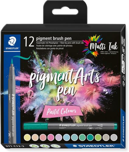טוש מכחול פיגמנט, סט 12 יח' PIGMENT ARTS PENS סדרה 371 (pastel colours)