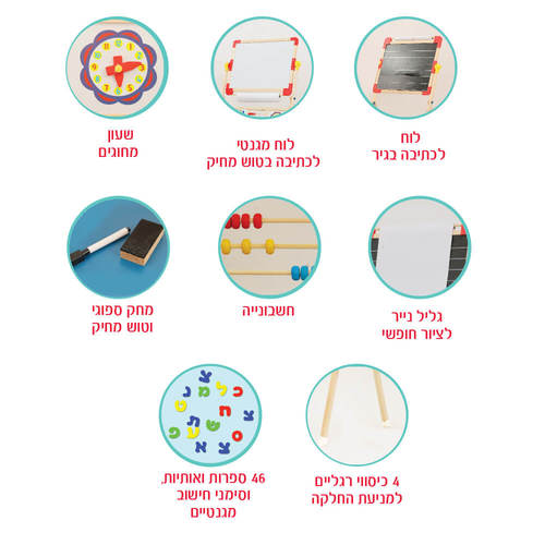 לוח ציור ולימוד 4 ב 1 דו צדדי/מתחלף גיר ומגנטי עם גליל נייר וסט אותיות/מספרים ושעון לימודי I'am toys