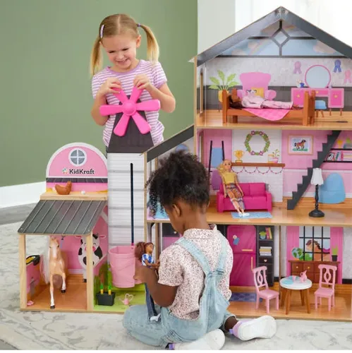 בית בובות ענקי לילדים מעץ 3 קומות עם מעלית, אורווה, מגוון גדול של אביזרי משחק ו...בובת סוס