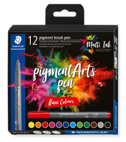 טוש מכחול פיגמנט, סט 12 יח' PIGMENT ARTS PENS סדרה 371 (basic colours)