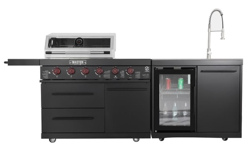 מטבח חוץ 4 מבערים כולל כיור ברז ומקרר משטח עליון גרניט פורצלן - דגם GRILLS MASTER