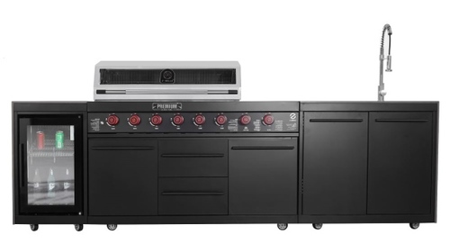 מטבח חוץ 6 מבערים כולל כיור ברז ומקרר משטח עליון שיש גרניט בגימור שחור GRILLS PREMIUM
