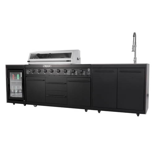 מטבח חוץ 6 מבערים כולל כיור ברז ומקרר משטח עליון שיש גרניט בגימור שחור GRILLS PREMIUM