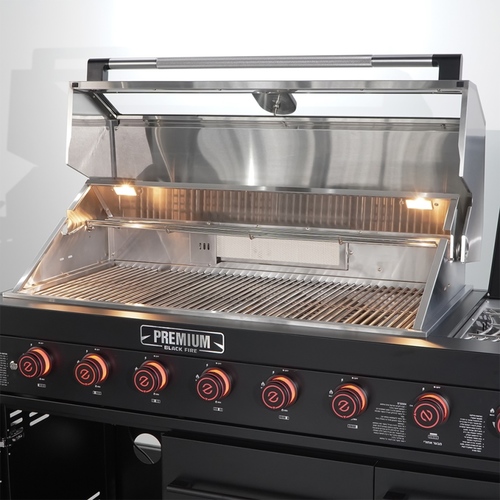 מטבח חוץ 6 מבערים כולל כיור ברז ומקרר משטח עליון שיש גרניט בגימור שחור GRILLS PREMIUM