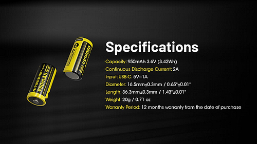  סוללת ליתיום USB נטענת CR123A/16340 950mAh