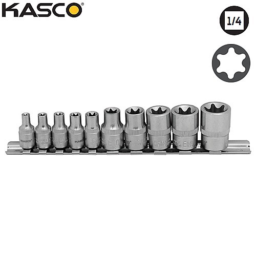 סט 10 בוקסות E פס מתכת הינע 1/4″+3/8″ – KASCO K-3901