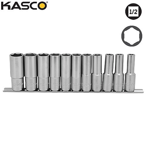 סט 11 בוקסות עמוקות 6 פינות פס מתכת הינע 1/2″ – KASCO K-019411