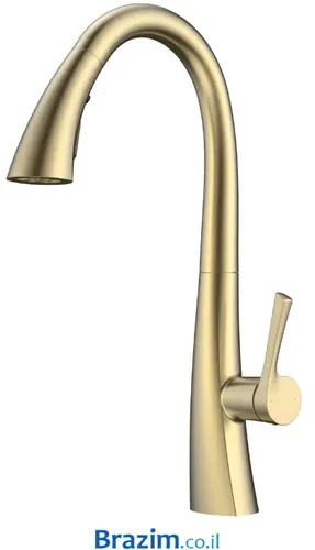 ברז מטבח נשלף K58601-BG מבית Carlos עם 2 מצבי זרימה בגימור זהב מוברש, עמיד בפני קורוזיה וחלודה.