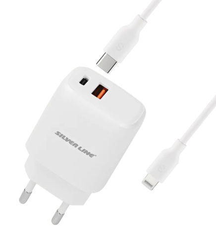 מטען קיר לאייפון חיבור חשמל USB כפול 18W + 20W כולל כבל Type-c To LIGHTNING