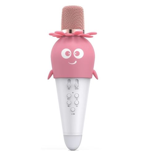 מיקרופון קריוקי K5 עם חיבור BT, אורות צבעוניים, אפקט הד וסוללה נטענת - ורוד