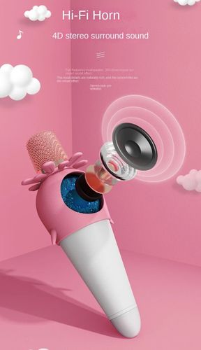 מיקרופון קריוקי K5 עם חיבור BT, אורות צבעוניים, אפקט הד וסוללה נטענת - ורוד