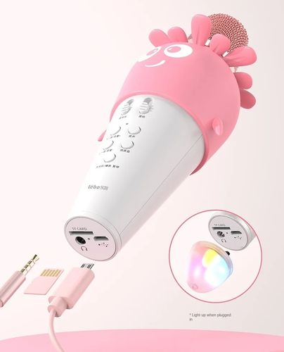 מיקרופון קריוקי K5 עם חיבור BT, אורות צבעוניים, אפקט הד וסוללה נטענת - ורוד