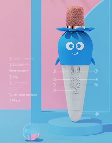 מיקרופון קריוקי K5 עם חיבור BT, אורות צבעוניים, אפקט הד וסוללה נטענת - ורוד