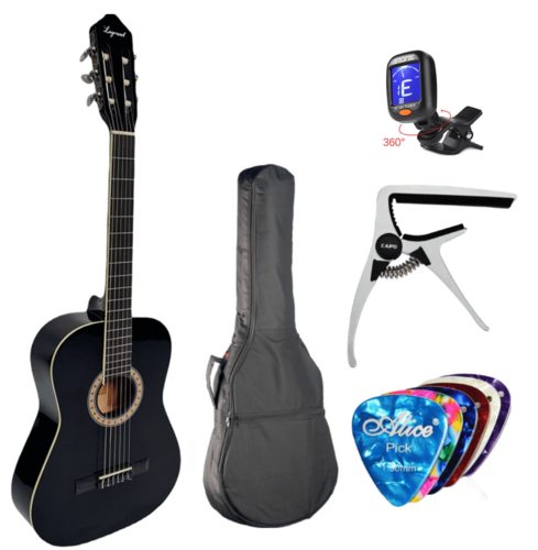 *חבילת גיטרה קלאסית*- גיטרה קלאסית בצבע שחור + תיק + קאפו + טיונר + 6 מפרטים Drummer