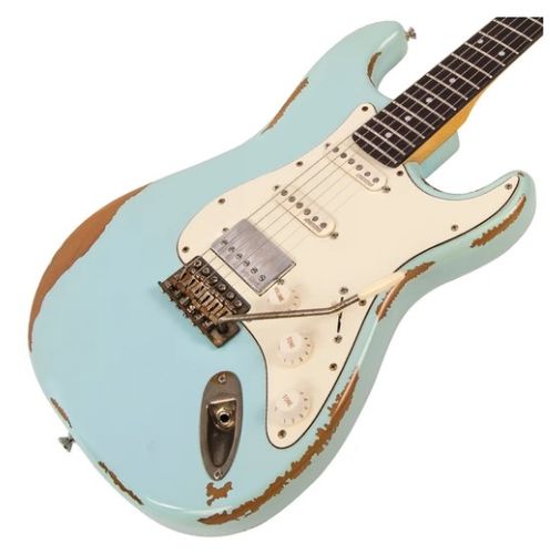 זוית נוספת Vintage V6H ICON HSS Electric Guitar ~ Ultra-Gloss Distressed Laguna Blue