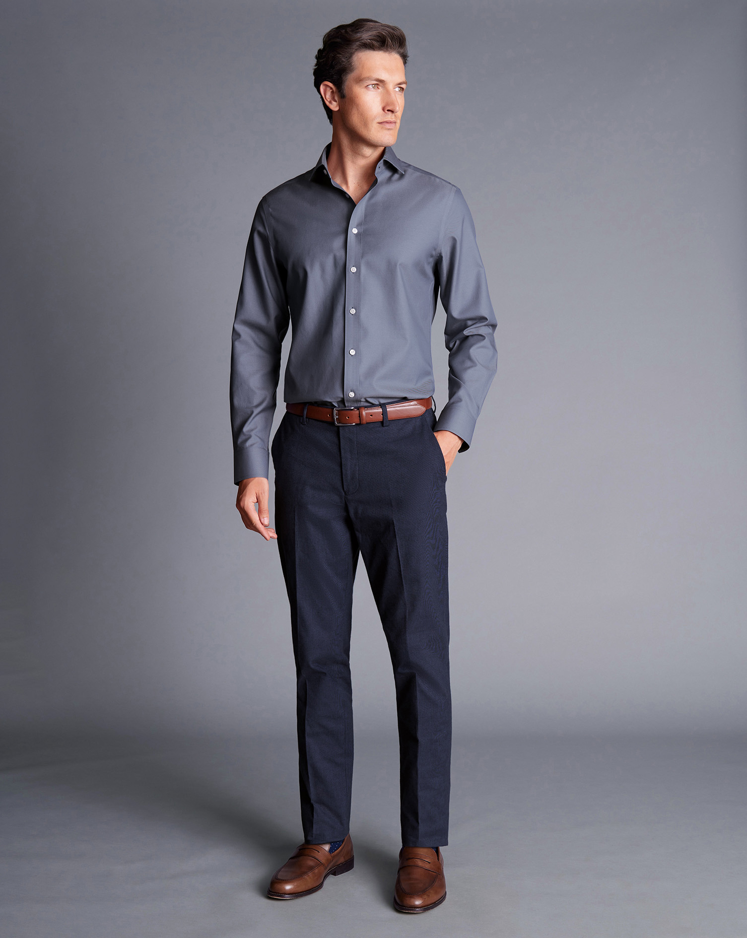 מכנסי כותנה כחולות אלגנטיות - Denim blue slim fit smart texture