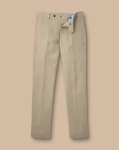 מכנסי פשתן -  Taupe slim fit linen