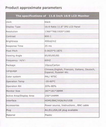 מסך מוניטור PROVISION PR-IPS12HD 