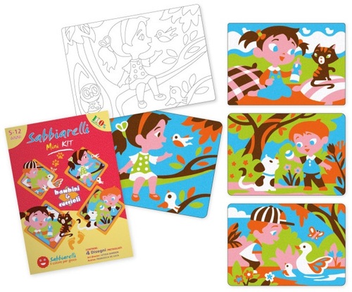 ערכת יצירה לילדים: 4 ציורי ילדים וחיות מחמד ו 6 עטי חול צבעוניים