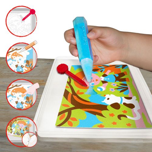 ערכת יצירה לילדים: 4 ציורי ילדים וחיות מחמד ו 6 עטי חול צבעוניים